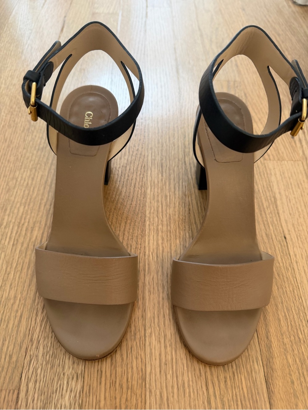 Chloé Tan and Black Block Heel Ankle-Strap Sandal